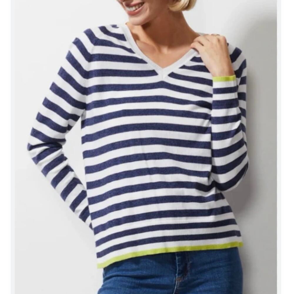 ZAKET & PLOVER Essential V Neck Striped Knit Sweater WHITE/NAVY Size XL